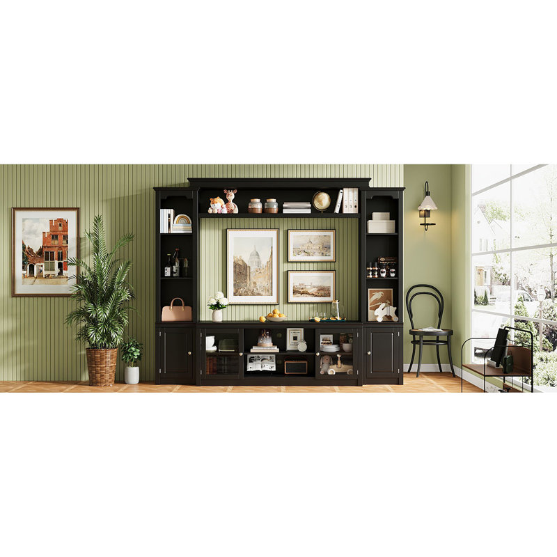 Meuble télé tout-en-un moderne avec bibliothèque pour téléviseur de 65 po ou moins, centre de divertissement avec 4 tablettes réglables, portes en verre trempé et grand espace de rangement