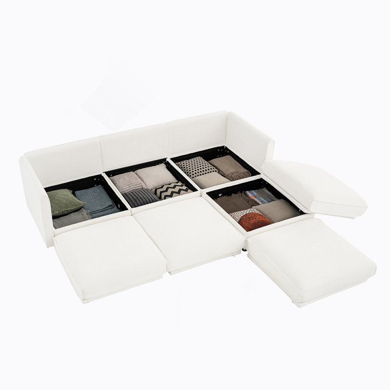 Canapé contemporain en forme de U avec rangement dissimulé et conception ergonomique, Blanc, H 27,9 po x l 109 po x P 71,2 po