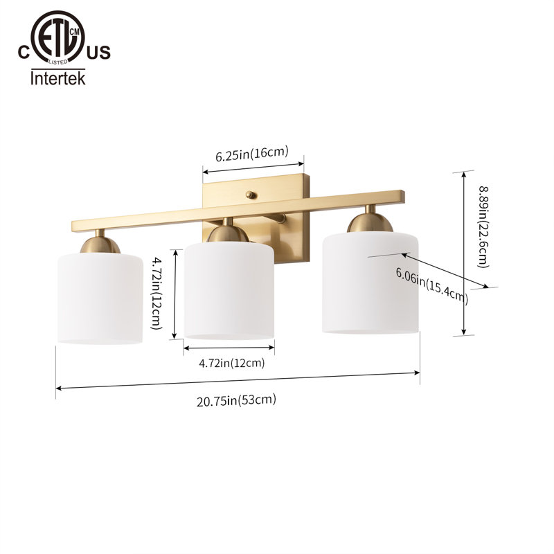 Luminaire de meuble-lavabo 3 lumières avec abat-jour en verre opale, Or brossé, 3