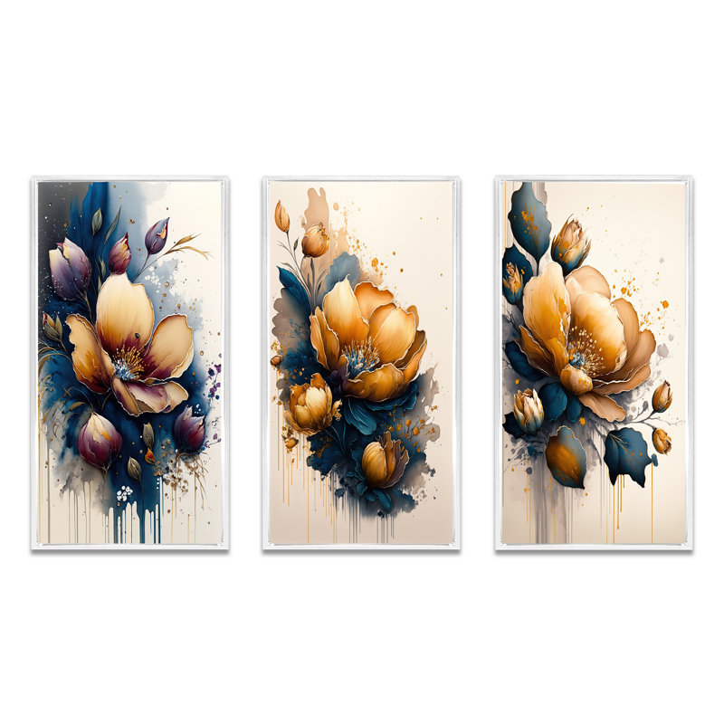 Orange et bleu fleurs de crocus - ensemble de 3 impressions, Cadre flottant blanc, H 32 po x l 48 po