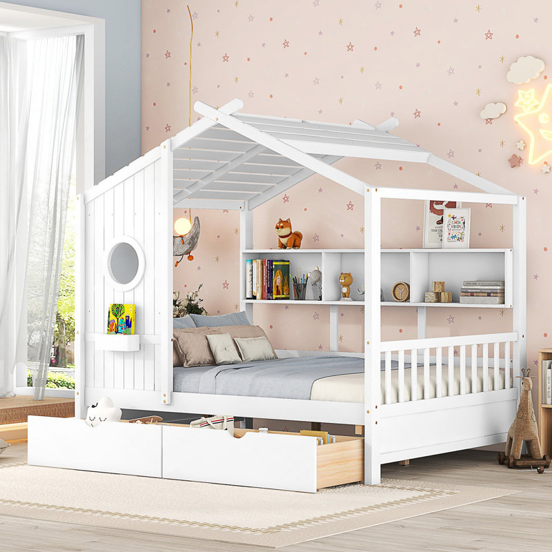 Wooden House Bed With 2 Drawers, White, Full