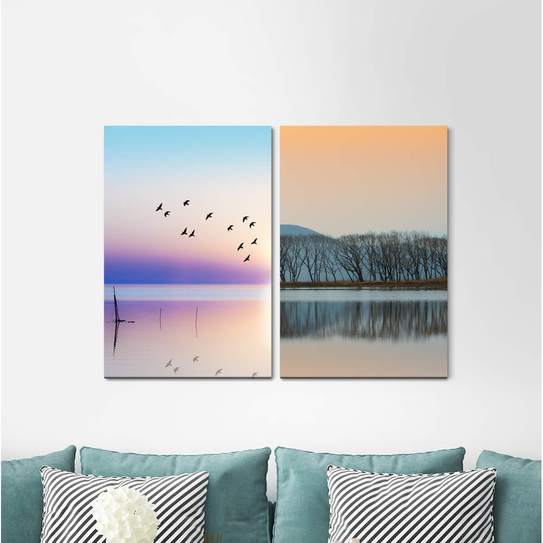 2-tlg. Leinwandbilder-Set - Grafikdruck „Horizon Birds Sky Lake Trees Sky Sunset”