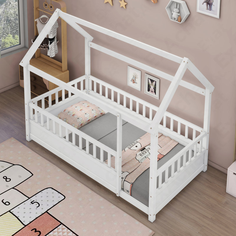 Twin Size Floor Wooden Bed With House Roof Frame, Fence Guardrails,White, Twin, White