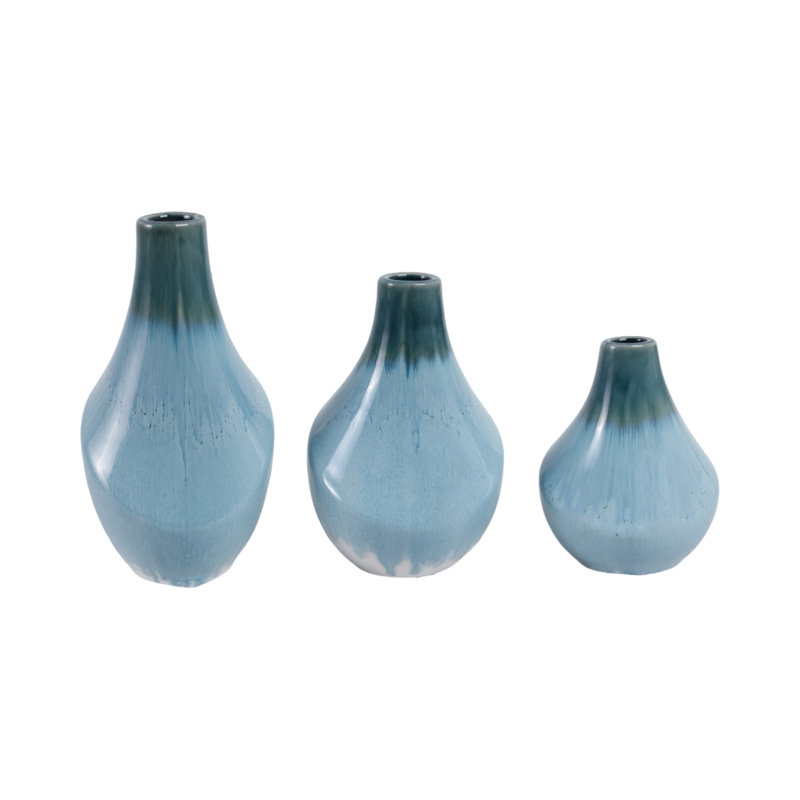 Textured Ceramic Table Vases for Home Decor - Modern Bud Flower Vases for Living Room, Office or Shelf Styling - Green/Light Blue