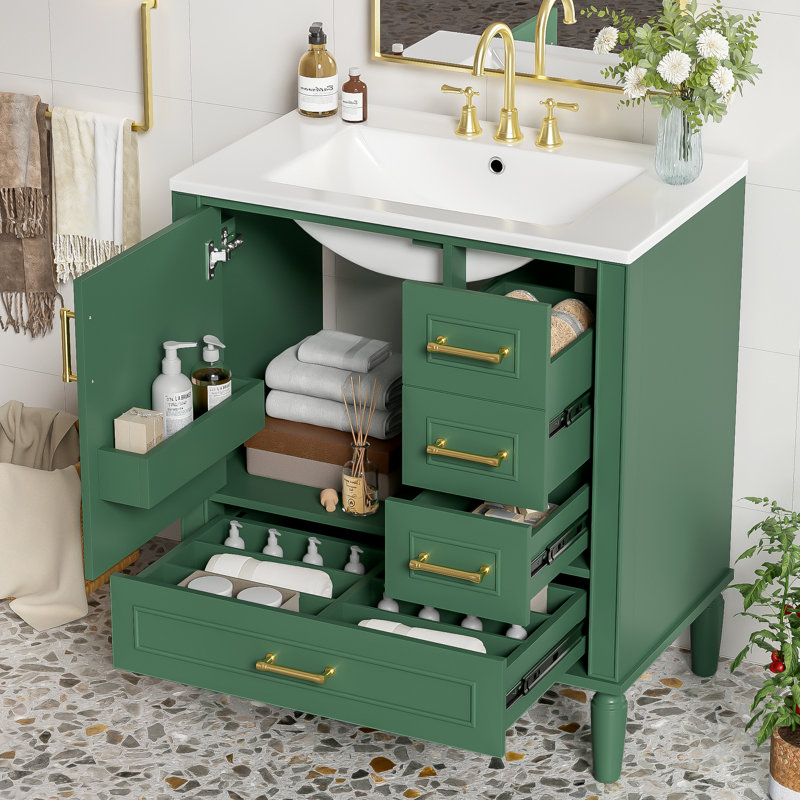 Table d'appoint de salle de bain 30 po avec fermeture en douceur, trois tiroirs, lavabo en céramique, poignées dorées, petites portes traditionnelles fermées, salle de bain