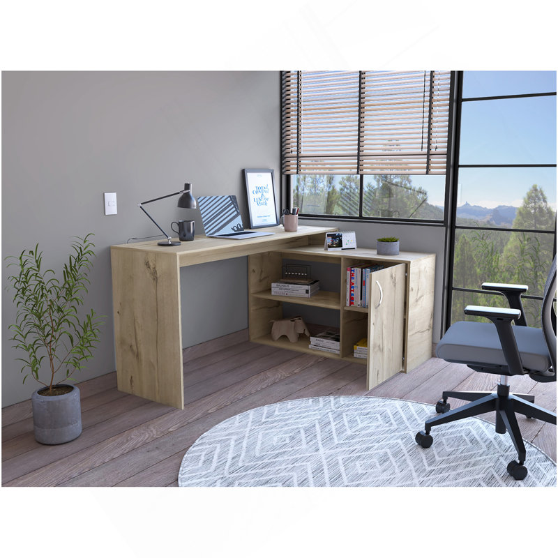 Bureau en L, armoire à une porte, deux tablettes ouvertes, deux tablettes intérieures, Beige