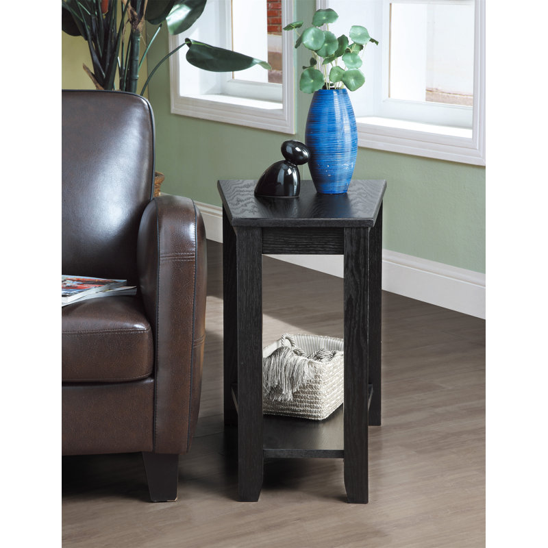 Black Triangular Wood Chairside Table with Shelf
