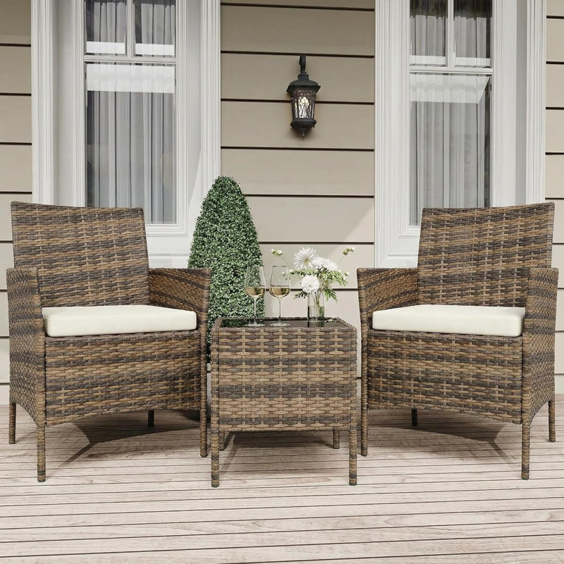 Compact 3-Piece Outdoor Patio Bistro Set PE Rattan Conversation Set, Beige Cushion/Brown Frame