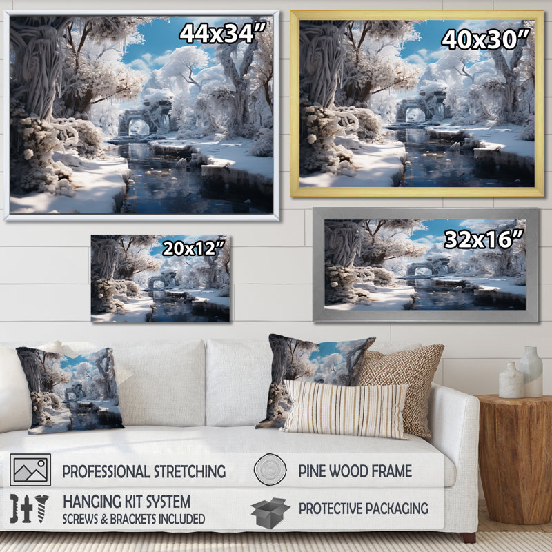 Winter River Harmony I, H 16 po x l 32 po x P 1 po, Cadre doré à une seule photo