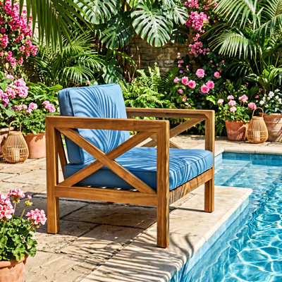 Barva 27.9" W x 28.7" D x 24" H Acacia Wood Club Armchairs with Blue Cushions (Set of 4)