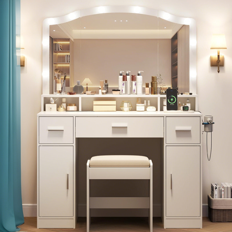 Vanity Desk with Mirror and Lights, Vanity with 10 LED Lights, Features 3 Drawers, 2 Cabinets