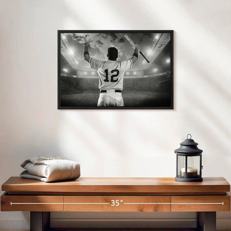 Joueur de baseball, 19 po x 13 po, Cadre flottant noir