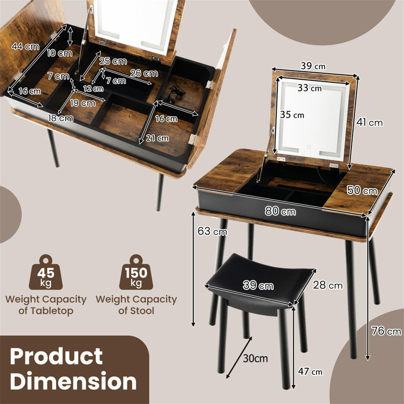 Paolo Dressing Table with Mirror, Rustic Brown/Black