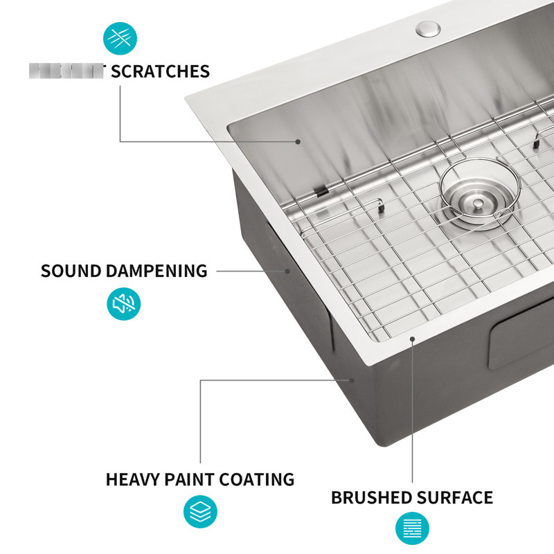 16 Gauge Stainless Steel Basin Sink For Kitchen: 30X22 Inch Drop In. T304 Sturdiness. 30" Single Bowl, Soundproof, Smooth Draining. With Extras Kitchen In Steel: Gauge. Long-Lasting. Deep Basin,