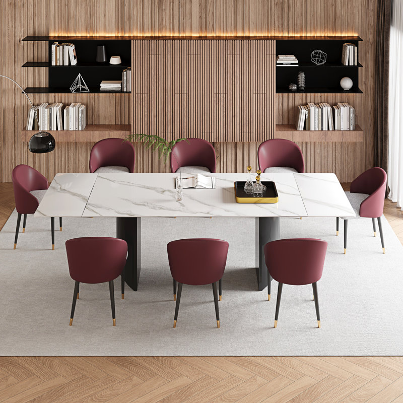 Ensemble de table de salle à manger 9 pièces avec table de salle à manger extensible en pierre frittée de 63 à 94,5 po avec 8 chaises rembourrées en cuir Fuax