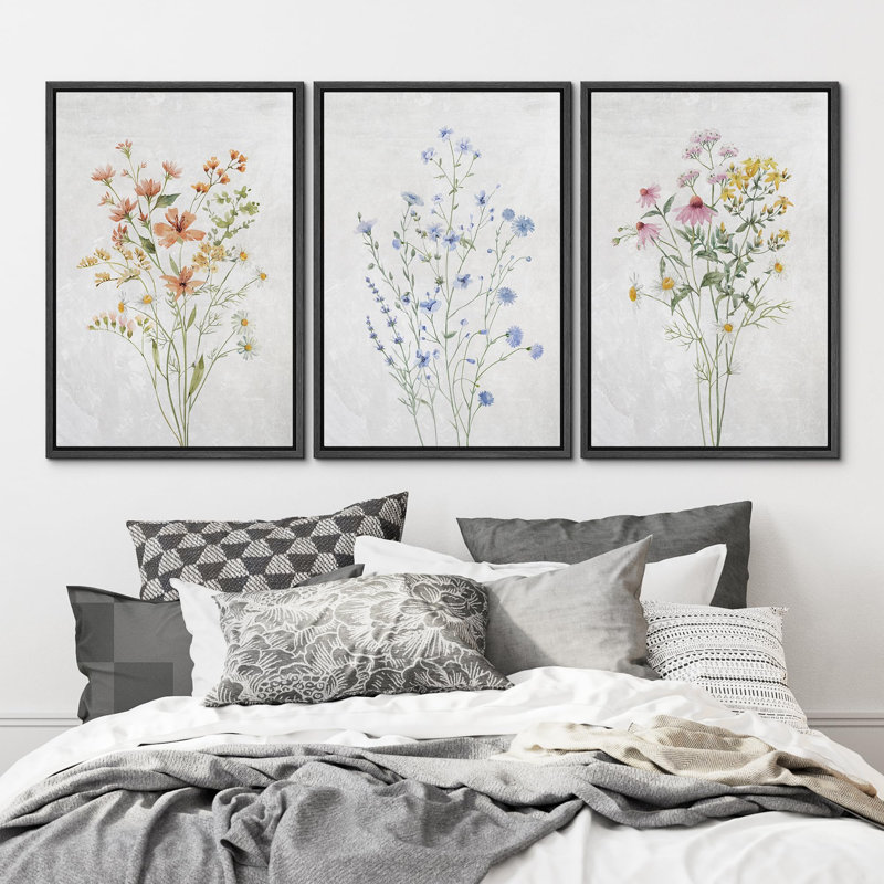 «Watercolor Botanical Floral Boho Wildflower Daisies», reproduction d'art sur toile encadrée 3 pièces, Noir