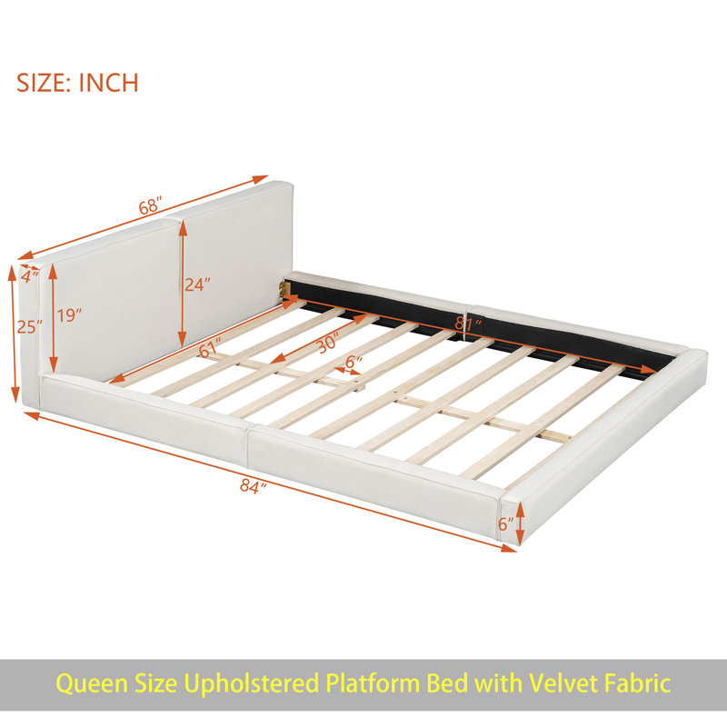 Grand lit plateforme tapissier avec tissu en velours, lit au sol avec cadre uni, beige, Beige