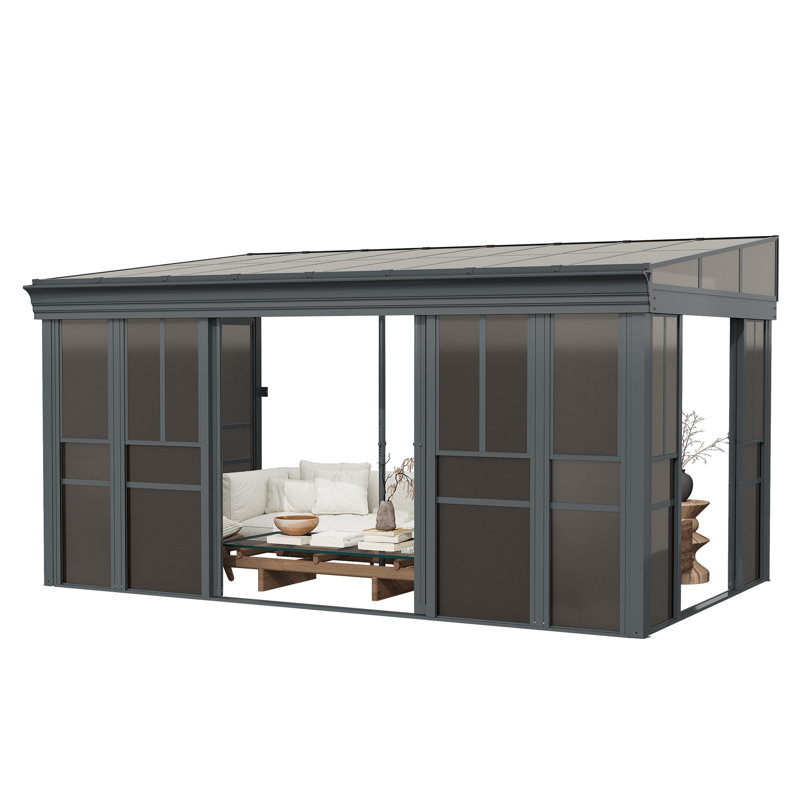 Wall Mounted Sunroom With Aluminum Frame, All-season Patio Gazebo Sunroom With Sliding Door & Watter Gutter, Outdoor Permanent Solarium For Garden, Patio.
