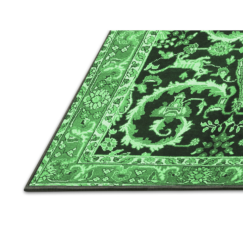 Tapis oriental vert / noir en laine et polyester tissé à la machine Kayelle, Rectangle 2 pi x 3 pi