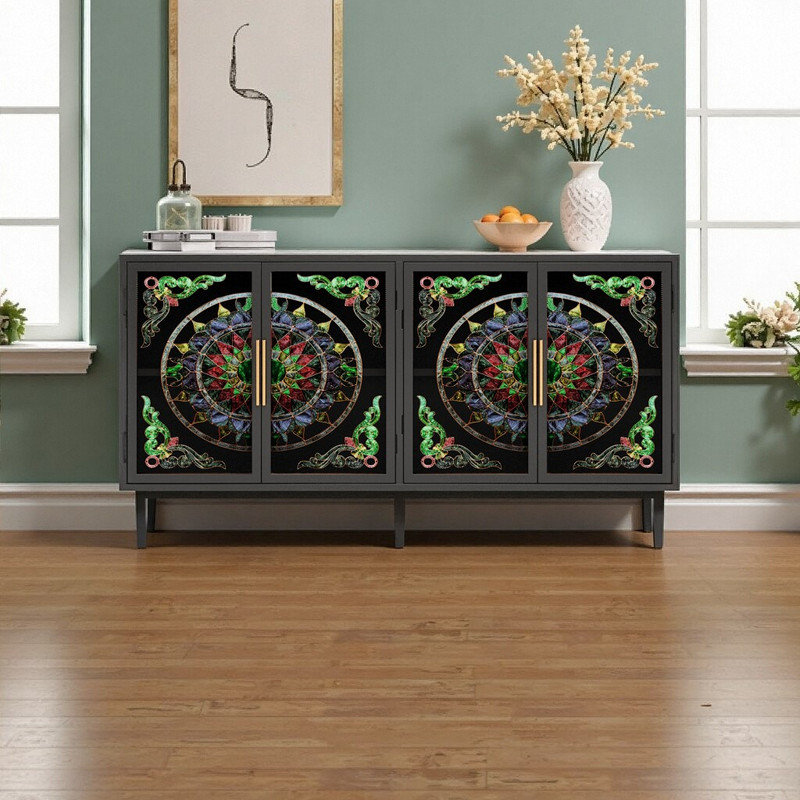 Buffet 60,3 po de largeur à 4 portes avec portes décoratives en verre et cadre en métal