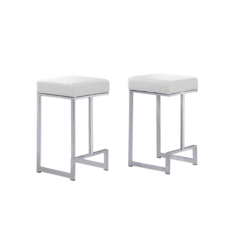 Jochebed Upholstered Counter Stool with Metal Frame, Counter Stool (25” Seat Height), White, Silver