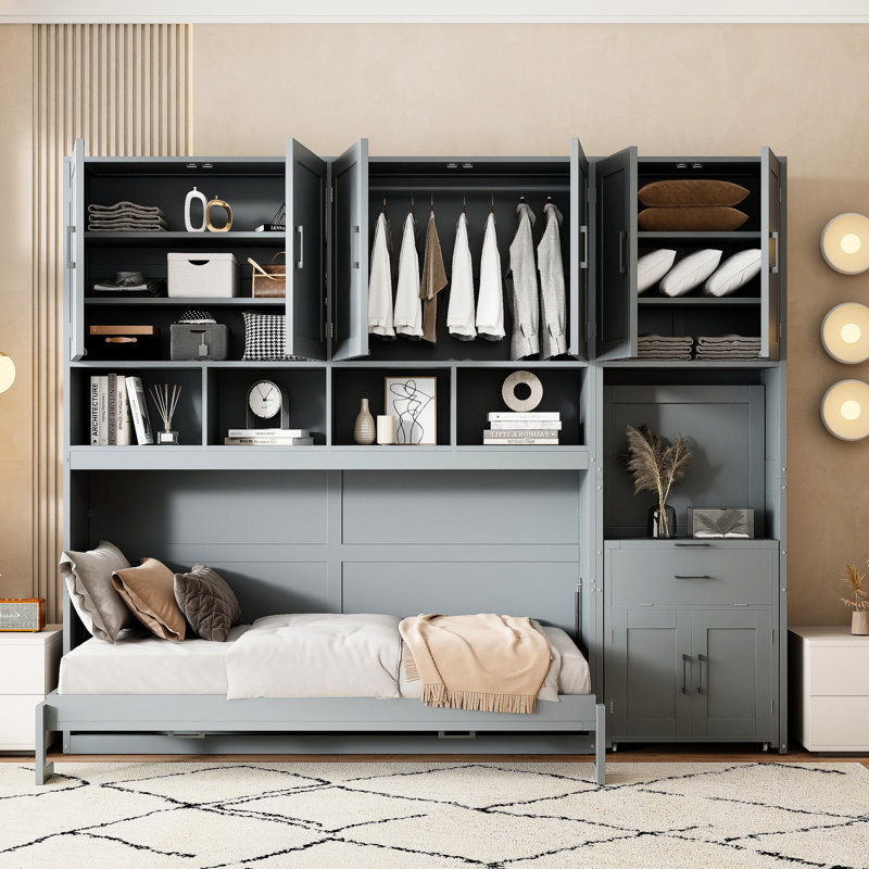 Lit simple gris - Innovation dans la chambre à coucher peu encombrante avec tiroirs et option de rangement de bureau