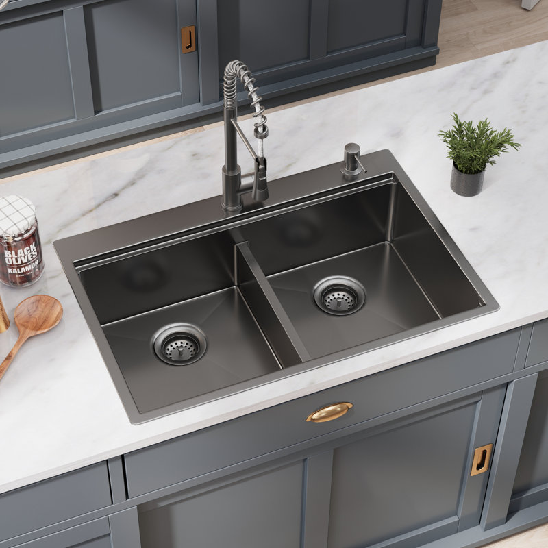 33'' Drop-In Double Bowl 16 Gauge Stainless Steel Kitchen Sink, Black Workstation Topmount Kichen Sink