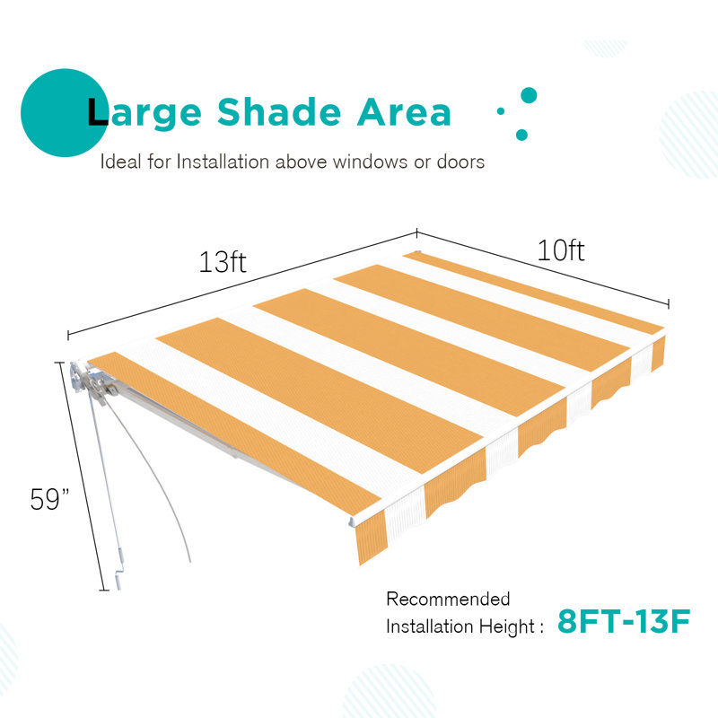 AECOJOY Manual Retraction Slope Patio Awning, 156" W x 120" D, Yellow Stripes, Striped
