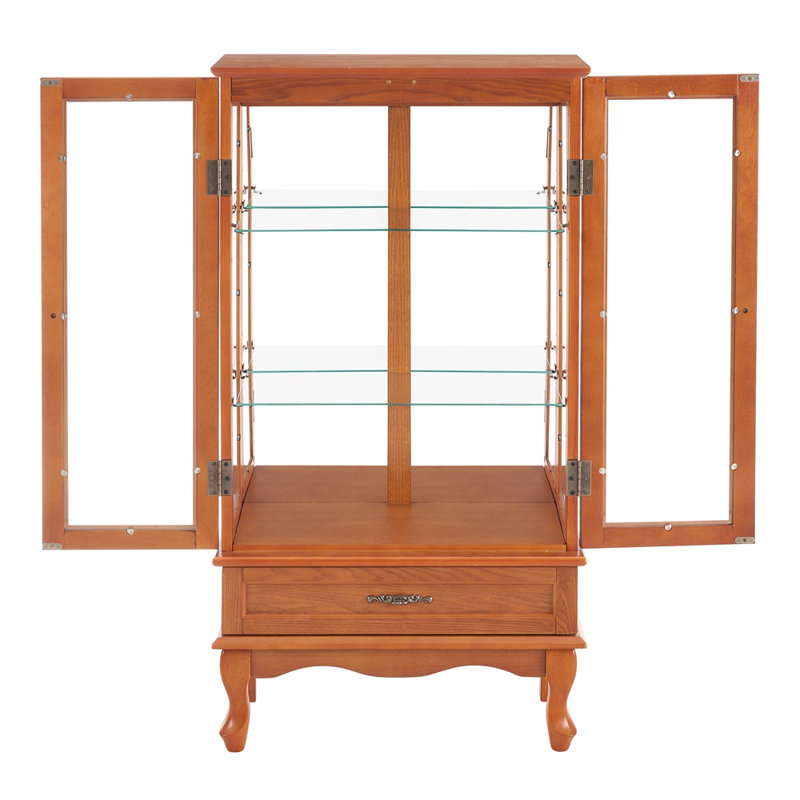 Lighted Glass Display Cabinet Glass Wine Cabinet Curio Display Cabinet With Adjustable Glass Shelves Two Doors And One Drawer Bulb Included For Home Decor And Storage