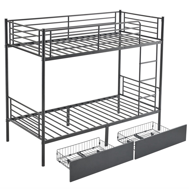Twin Over Twin Convertible Bunk Bed With 2 Storage Drawers, Black
