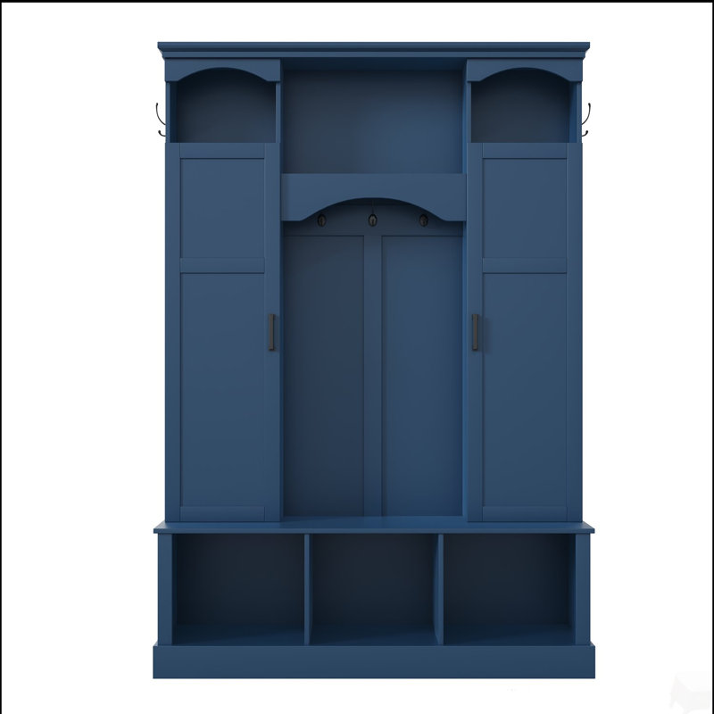 Modern All-in-One Hall Tree with Adjustable Shelves, Classic Arched Farmhouse Storage Bench with Dual Side Cabinets, Elegant Entryway Organizer with 7 Hooks for Mudroom, Hallway