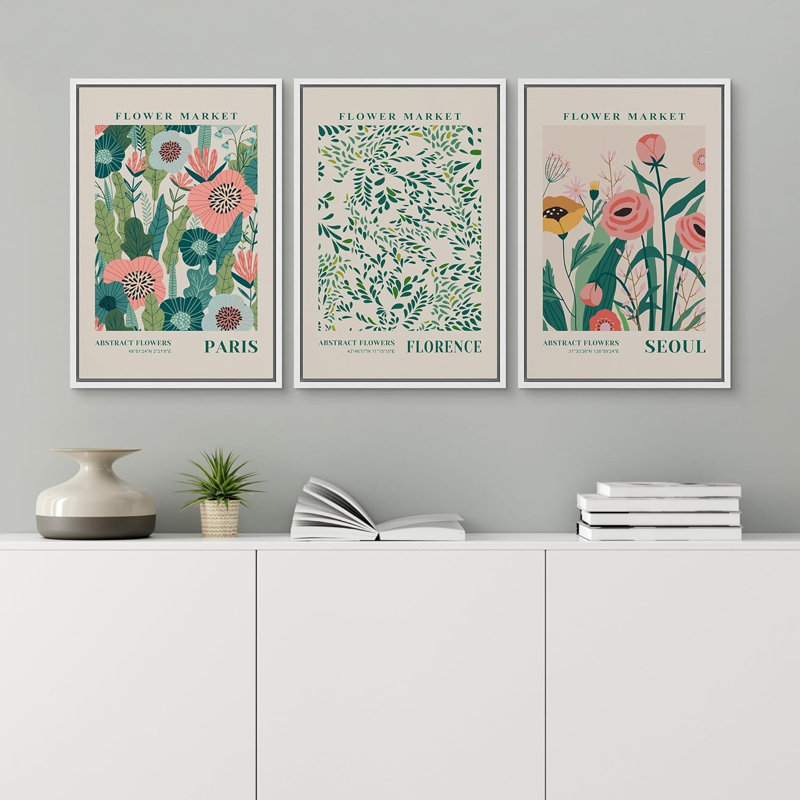 Watercolor Pastel Vibrant Flower Market 3 pièces, H 24 po x l 16 po, Impression encadrée, Plastique blanc