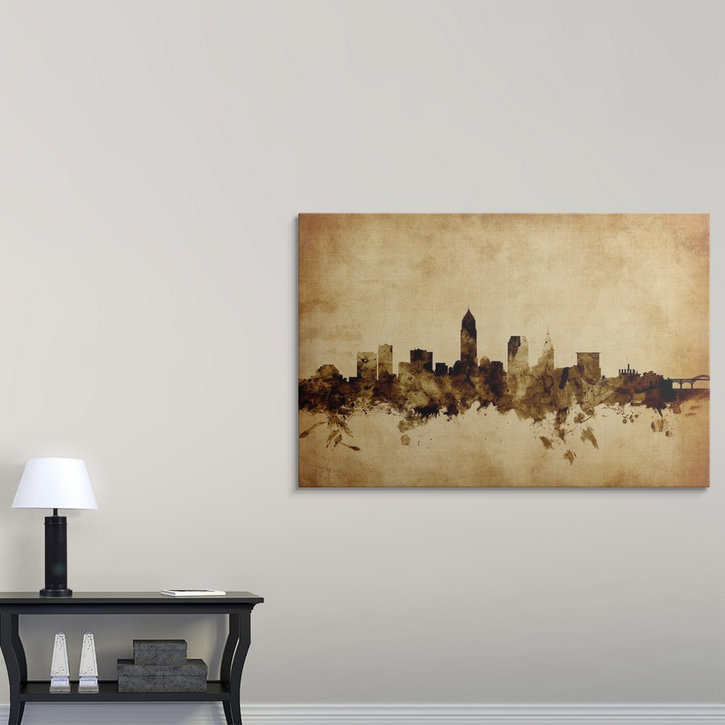 «Francy Cleveland Ohio Skyline» par Michael Tompsett - reproduction, H 24 po x l 36 po x P 1,5 po, Toile
