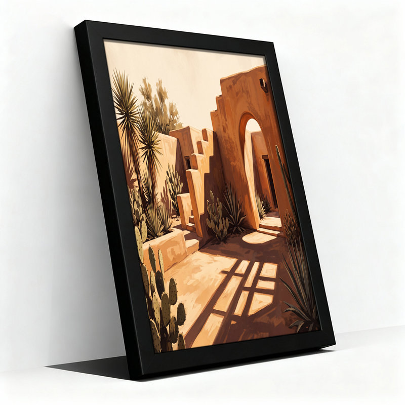 Art mural sur toile Adobe, cour avec jardin de cactus et ombres chaudes, H 32 po x l 48 po