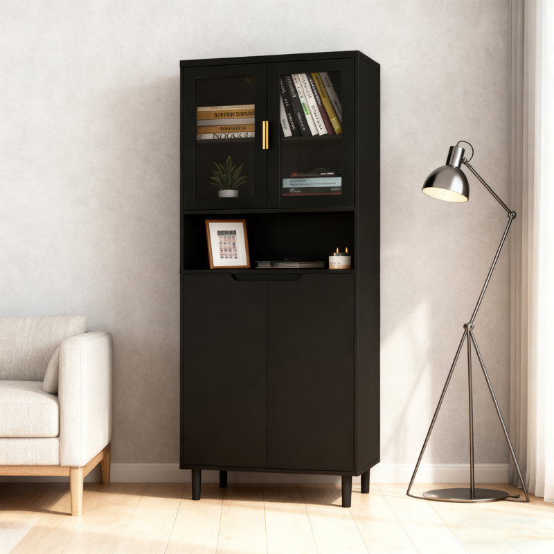 Tempered Glass Door Tall Bookcase - 23.62"L×13.78"D×63"H White Mdf, 4-Door, Adjustable Shelves, For Living Room/Bedroom/Office，Black