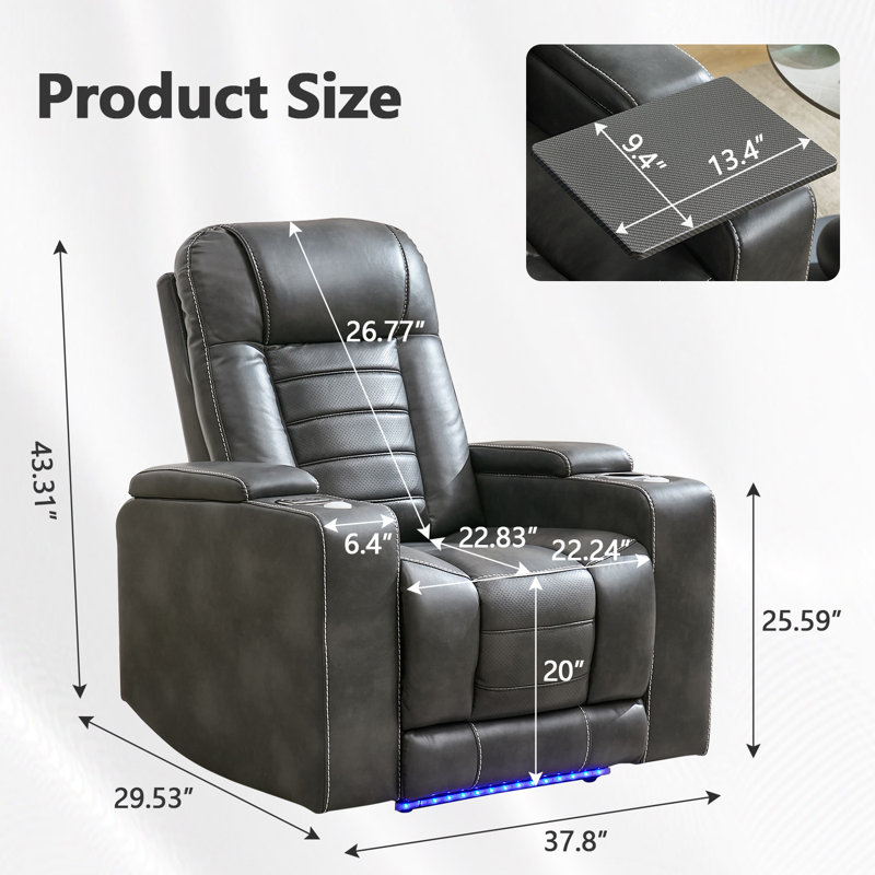 39'' Wide Power Recliner With Smart Cup Holder Power Headrest And Wireless Charger, Gray