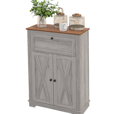 Armoire grise. Avec portes doubles, tiroir et tablette réglable. Pour la chambre à coucher et le salon. Vaste espace de rangement. Pourboires. Fabriqué en panneau de particules. Armoire rétro - l 23,5 po x P 11,75 po x H 34,5 po