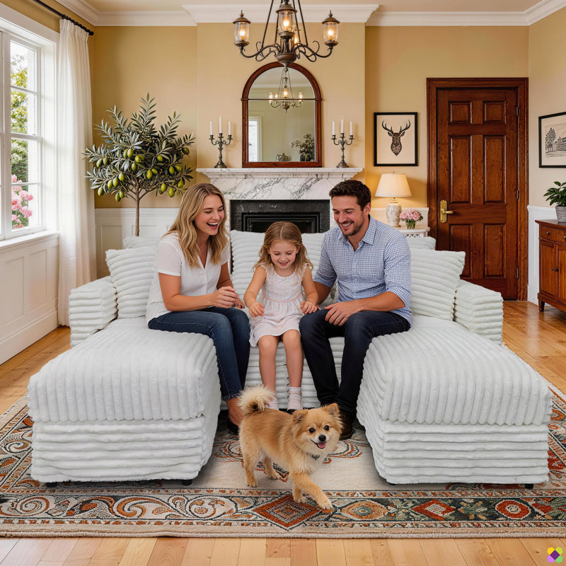 Gus 82.7"W/ 70.8"W 4-Piece 3 Seaters Convertible Modular Corduroy Sectional, 2 Ottomans, Beige Corduroy