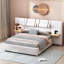 Grand lit plateforme tapissier, deux prises et ports de charge USB des deux côtés, deux coussins de chevet, tablettes de rangement, velours, beige-1719863793