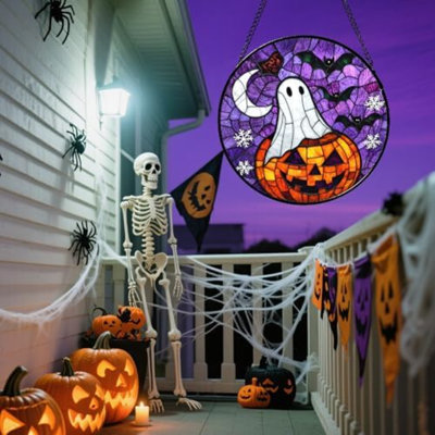 Vitrail suspendu à la citrouille d'Horreur d'Halloween 15 po - Porte Suncatcher Sunroom de style gothique