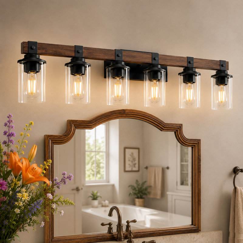 Éclairage pour meuble-lavabo moderne en bois massif, bois massif et métal noir avec abat-jour en verre transparent, 6 Lights