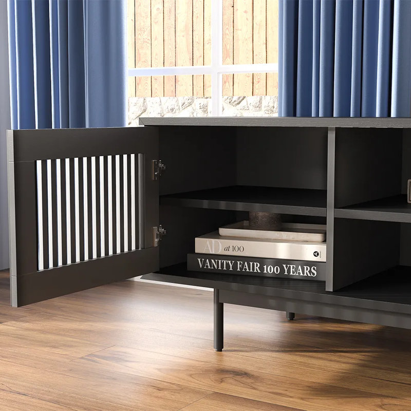 Mid-Century Modern TV Stand, 21.26" H x 71" W x 18.89" D, Black