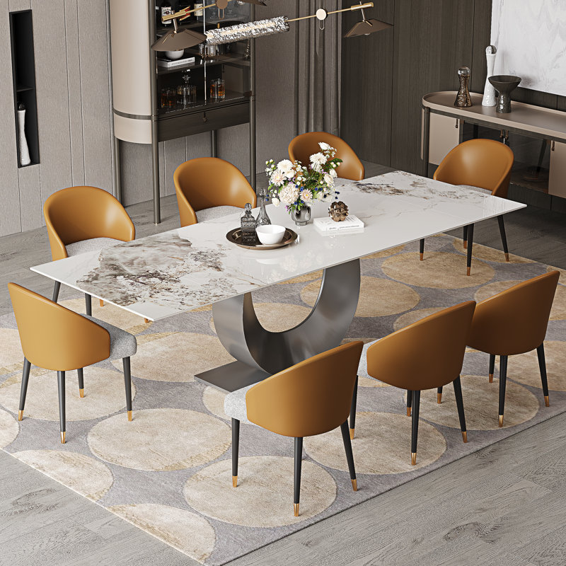 Ensemble de salle à manger de luxe moderne 9 pièces avec table de salle à manger extensible en pierre frittée de 94,5 po et 8 chaises de salle à manger en similicuir, base en U en acier inoxydable