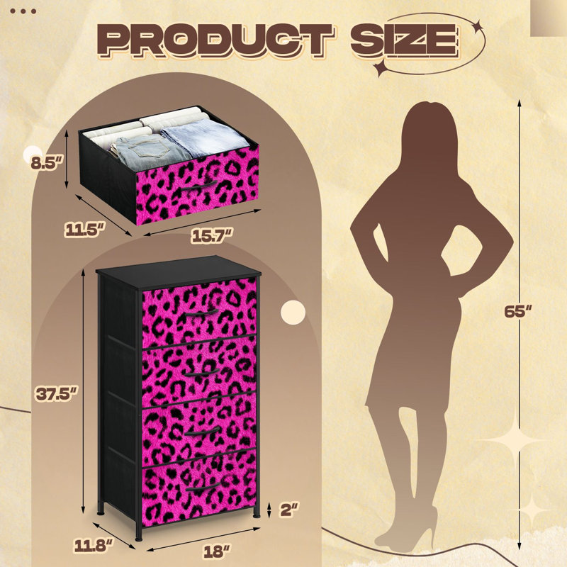 Commode pour chambre à coucher avec 4 tiroirs de rangement Imprimé léopard rose noir Bold