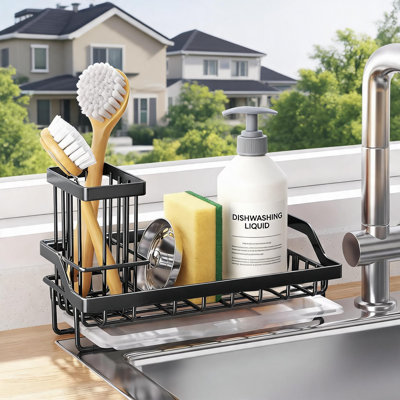 304 Stainless Steel Kitchen Sink Rack With A Removable Drip Tray For Storing Cleaning Accessories, Black.