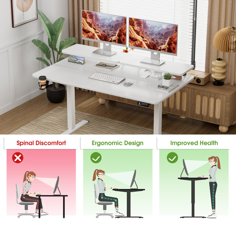 Kreutzer Height Adjustable Standing Desk with Monitor Stand, White/White, 28.7" H x 55.11" W x 23.62" D
