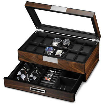 12 Slot Watch Display Case Holder Large Watch, Accessories Organizer With Real Glass Window Top
