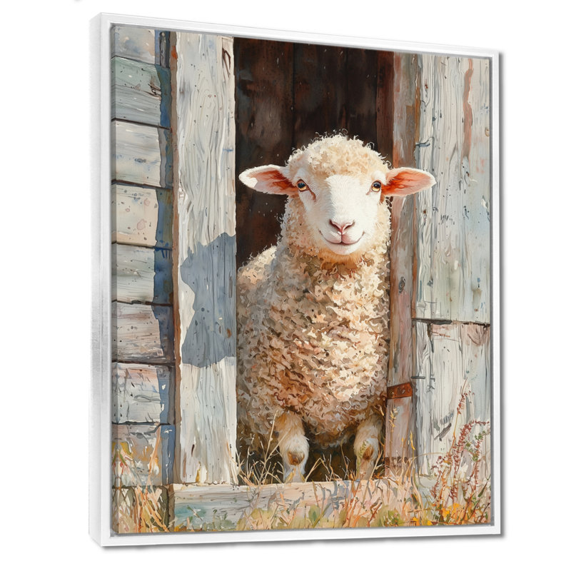 Donneisha Sheep Portrait At The Barn - Sheep Wall Art, Impression encadrée flottante, H 44 po x l 34 po, Blanc