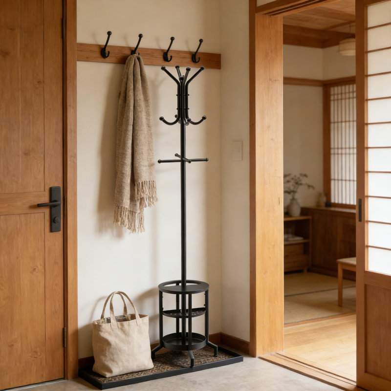Freestanding Coat Rack With Umbrella Holder And 12 Hooks, Modern Metal Coat Tree Stand For Entryway, Living Room, Bedroom, And Office Organization