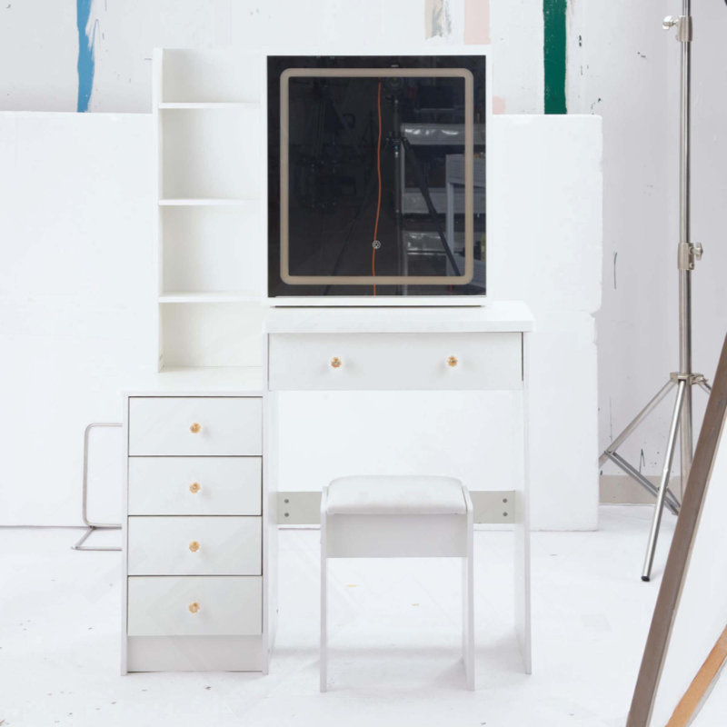 Meuble-lavabo de taille moyenne avec tabouret de chevet et tabouret rembourré, grande taille, commande tactile, changement de tricolore, miroir DEL à réglage de la luminosité, rangement de grande capacité, convient aux espaces moyens